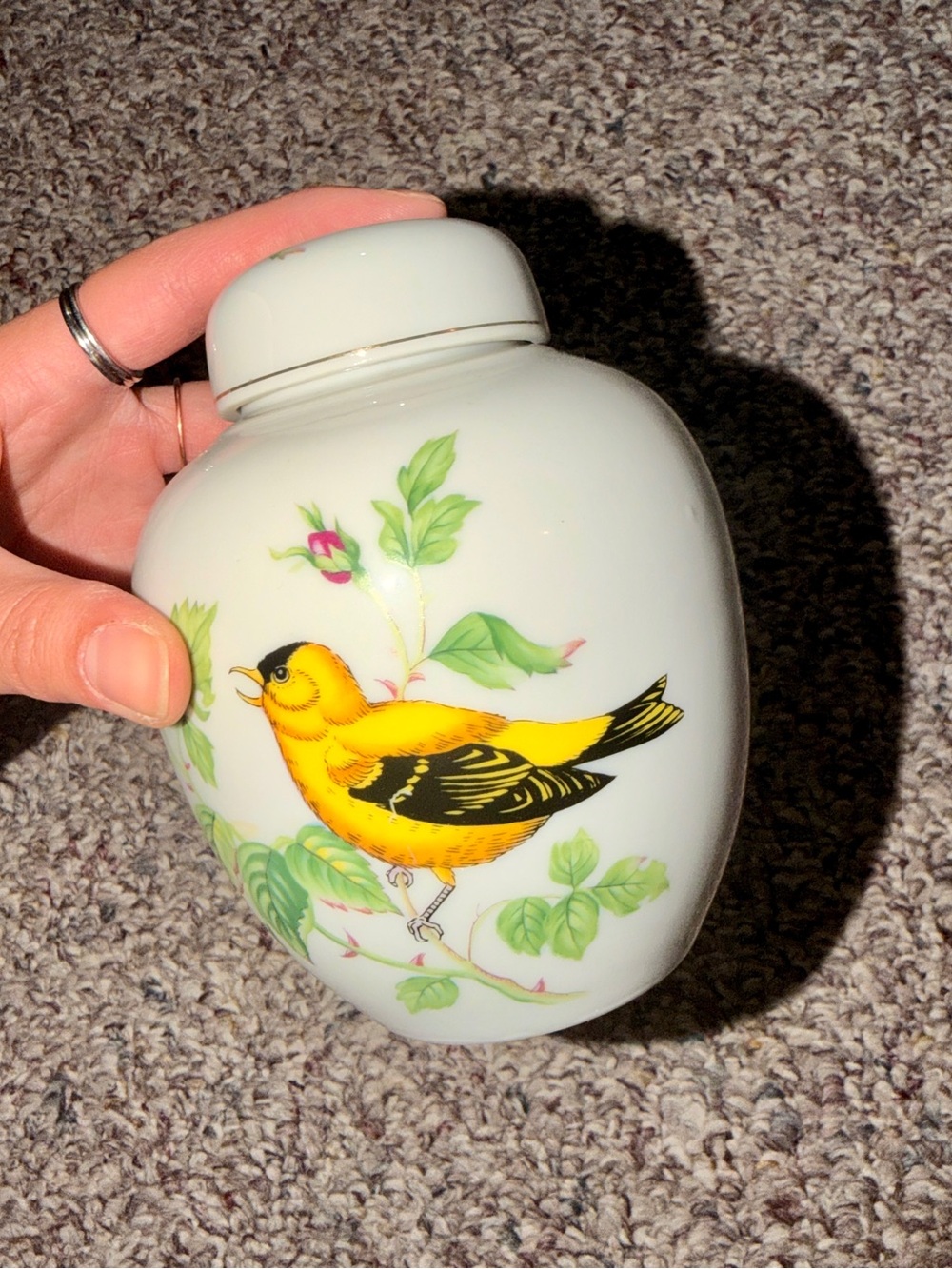 Lefton Hand-Painted Yellow and Black Songbird Porcelain Jar